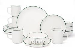 16-Piece Dinnerware Set for 4, White & Green Rim, Microwave Safe