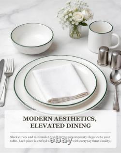 16-Piece Dinnerware Set for 4, White & Green Rim, Microwave Safe