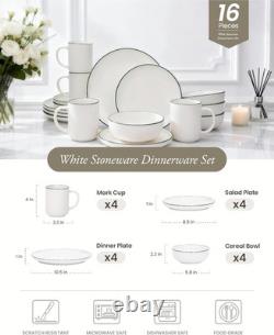 16-Piece Dinnerware Set for 4, White & Green Rim, Microwave Safe