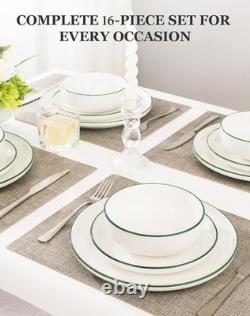 16-Piece Dinnerware Set for 4, White & Green Rim, Microwave Safe