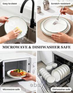 16-Piece Dinnerware Set for 4, White & Green Rim, Microwave Safe