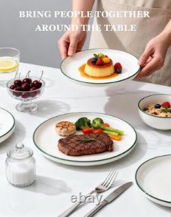 16-Piece Dinnerware Set for 4, White & Green Rim, Microwave Safe