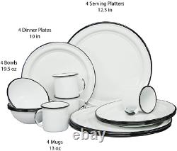 16 Piece. Enameled Dinnerware Camping /Outdoor Set for 4 (White) Includes Plates