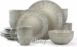 16 Piece Lace Round Embossed Stoneware Dinnerware Dish Set Service for 4 White