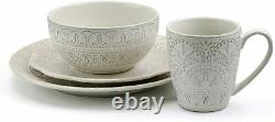 16 Piece Lace Round Embossed Stoneware Dinnerware Dish Set Service for 4 White