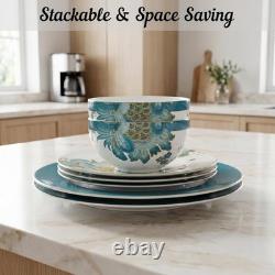 16-Piece Porcelain Dinnerware Set for 4, Elegant Floral Plates and Bowls Sets