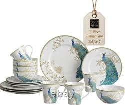 16-Piece Porcelain Dinnerware Set for 4, Elegant Floral Plates and Bowls Sets