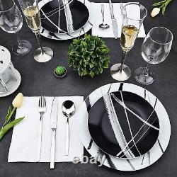 16 Piece Round Dinnerware Sets, Black and White Metro Stoneware Dish Sets, Dishw