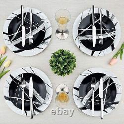 16 Piece Round Dinnerware Sets, Black and White Metro Stoneware Dish Sets, Dishw