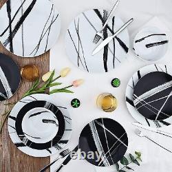 16 Piece Round Dinnerware Sets, Black and White Metro Stoneware Dish Sets, Dishw