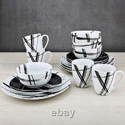 16 Piece Round Dinnerware Sets, Black and White Metro Stoneware Dish Sets, Dishw