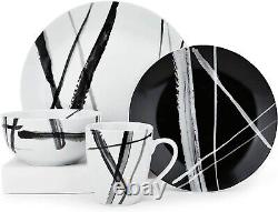 16 Piece Round Dinnerware Sets, Black and White Metro Stoneware Dish Sets, Dishw