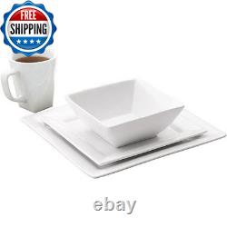 16 Piece Square Porcelain Dinnerware Set, White Dinner Service Set