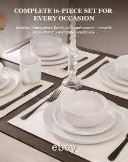 16-Piece White Stoneware Dinnerware Set for 4, Microwave & Dishwasher Safe