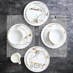 16 Pieces Porcelain Gold Splash White Round Dinnerware set, Kitchen Dishes