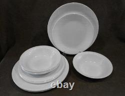 16-pc Corelle LINEN WEAVE DINNERWARE SET Plates Bowls Mugs White Embossed