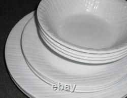 16-pc Corelle LINEN WEAVE DINNERWARE SET Plates Bowls Mugs White Embossed