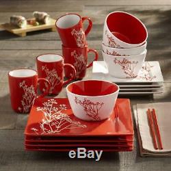 16-piece Lovely Red & White Color Palette Blossoms Ceramic Square Dinnerware Set
