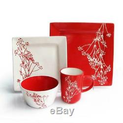 16-piece Lovely Red & White Color Palette Blossoms Ceramic Square Dinnerware Set