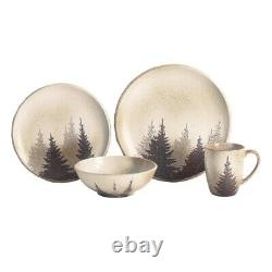 16pc Pine Tree Forest Dinnerware Set Kitchen Plate Wilderness Cream Beige Brown