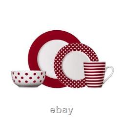 16pc Red White Dinnerware Set Polka Dot Kitchen Dinner Plate Dish Modern Stripe