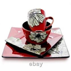 16pc Square Stoneware Garden Flower Dinnerware Set Red Elama