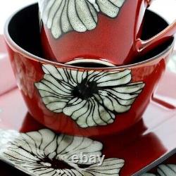 16pc Square Stoneware Garden Flower Dinnerware Set Red Elama