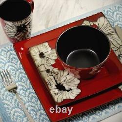 16pc Square Stoneware Garden Flower Dinnerware Set Red Elama