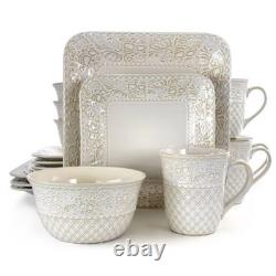 16pc Stoneware Floral Dove Dinnerware Set White Elama Rounded Square Dishware