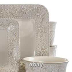 16pc Stoneware Floral Dove Dinnerware Set White Elama Rounded Square Dishware