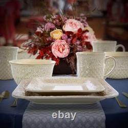 16pc Stoneware Floral Dove Dinnerware Set White Elama Rounded Square Dishware