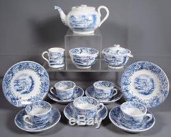 18 Piece Childs Blue Transfer Ironstone Tea Set, Farm by Methven Scotland 1870s