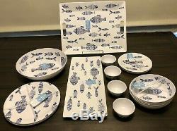 19 Pc Sigrid Olsen FISH Blue White MELAMINE Coastal Plates Bowls Dinnerware SET