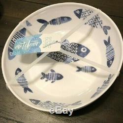 19 Pc Sigrid Olsen FISH Blue White MELAMINE Coastal Plates Bowls Dinnerware SET