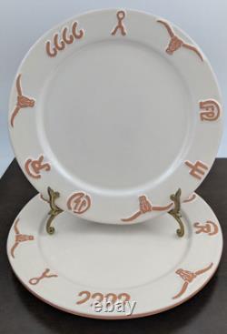 2 Frankoma Pottery Ranch Bone White Dinner Plate Set Plates 10.5 Cattle Brands