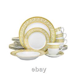 20 Piece Athena Gold Greek Key Bone China Dinner Serving Dish Set for 4 White