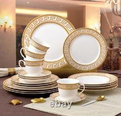 20 Piece Bone China Dinnerware Set Service For 4 White And Golden Greek Key