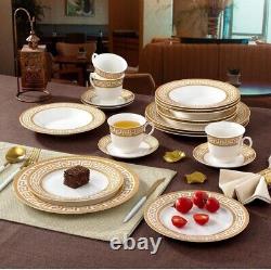 20 Piece Bone China Dinnerware Set Service For 4 White And Golden Greek Key