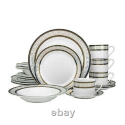 20 Piece Greek Key Bone China Dinner Dish Set for 4 White Black with Gold Trim