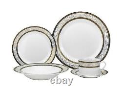 20 Piece Greek Key Bone China Dinner Dish Set for 4 White Black with Gold Trim