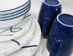 20-pc Corelle LIA DINNERWARE SET / Plates Bowls Mugs Cobalt Blue Curly Swirls