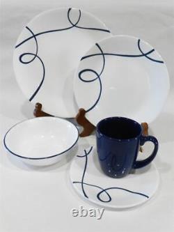 20-pc Corelle LIA DINNERWARE SET / Plates Bowls Mugs Cobalt Blue Curly Swirls