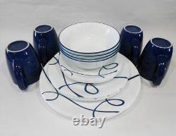 20-pc Corelle LIA DINNERWARE SET / Plates Bowls Mugs Cobalt Blue Curly Swirls