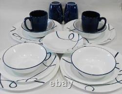 20-pc Corelle LIA DINNERWARE SET / Plates Bowls Mugs Cobalt Blue Curly Swirls