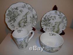 20pc Maxcera GREEN WHITE TOILE Dinnerware Rabbit Bunny Plate Cup Placemat Easter
