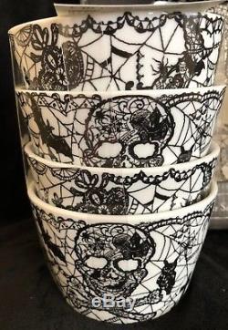 222 FIFTH 16pc WICCAN LACE Halloween SALAD PLATES & BOWLS Skull Cat Bat Spider