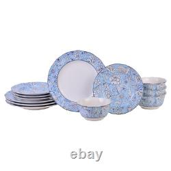 222 Fifth 12-Piece Porcelain Dinnerware Set for 4, White & Light Blue Plates