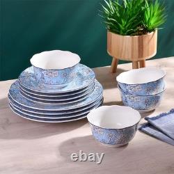 222 Fifth 12-Piece Porcelain Dinnerware Set for 4, White & Light Blue Plates