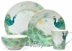 222 Fifth 16-piece Glamourous Green Peacock Dinnerware Set Service for 4 NEW