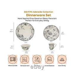 222 Fifth Adelaide 16-Piece Casual Grey Porcelain Dinnerware Set Service